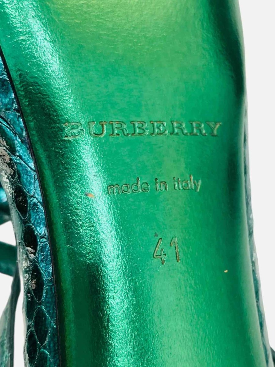 Pre-loved BURBERRY Metallic Green Heeled Sandals from Reems Closet