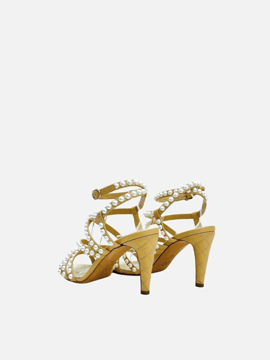 Pre-loved CHANEL Ankle Strap Beige & White Heeled Sandals from Reems Closet
