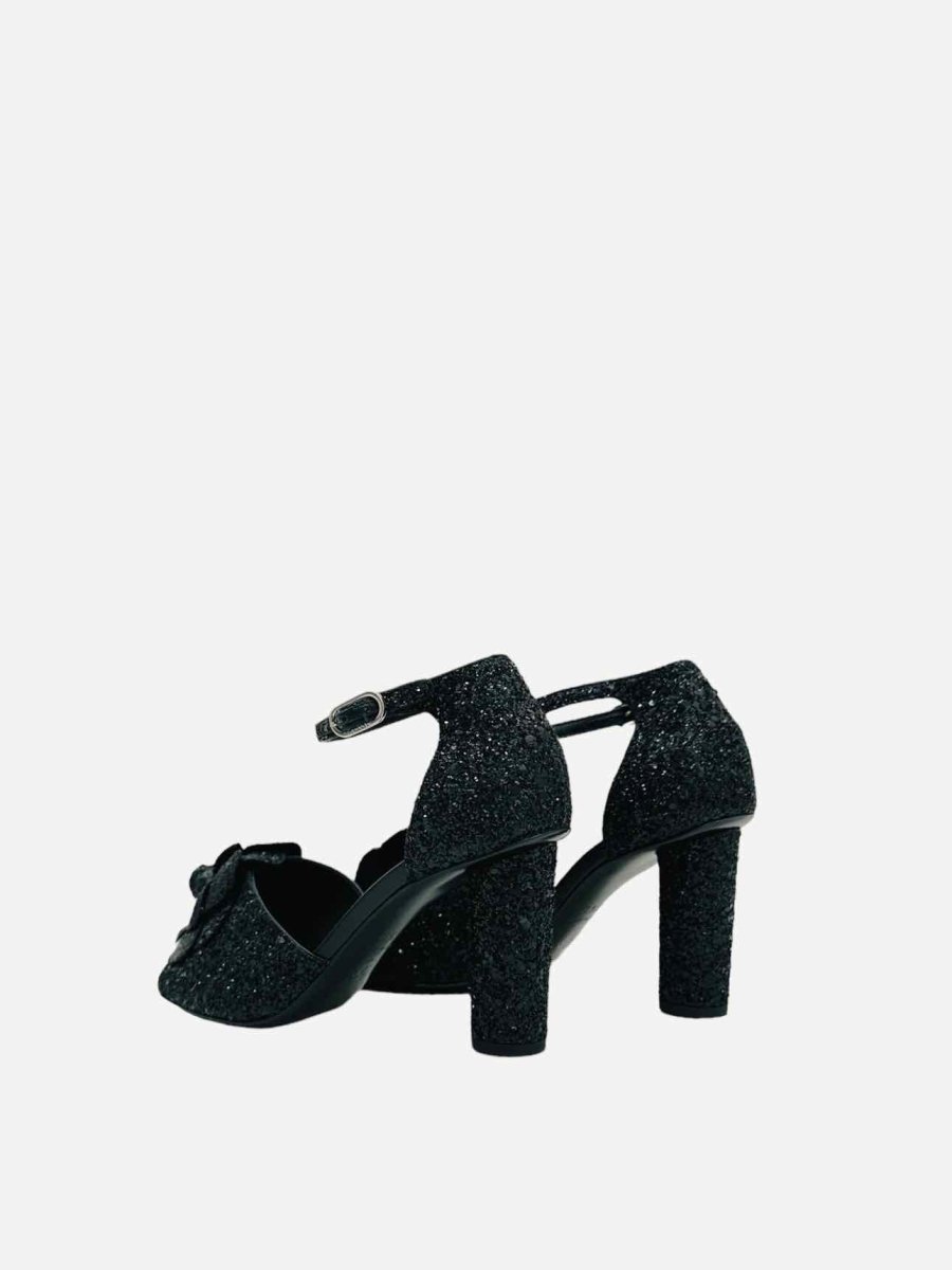 Pre-loved CHANEL Camellia Black Glitter Heeled Sandals from Reems Closet
