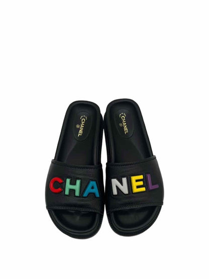 Pre-loved CHANEL Cha-Nel Black Multicolor Sandals - Reems Closet