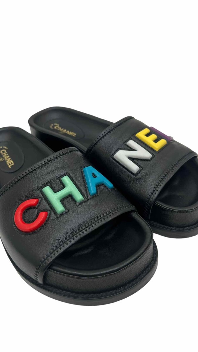 Pre-loved CHANEL Cha-Nel Black Multicolor Sandals - Reems Closet