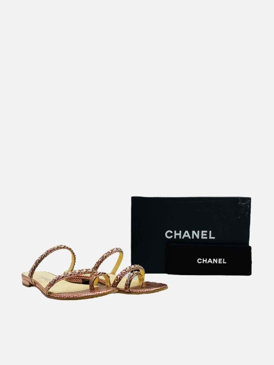 Pre - loved CHANEL Metallic Pink Chain Detail Sandals at Reems Closet