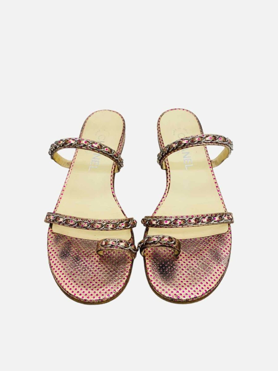 Pre - loved CHANEL Metallic Pink Chain Detail Sandals at Reems Closet