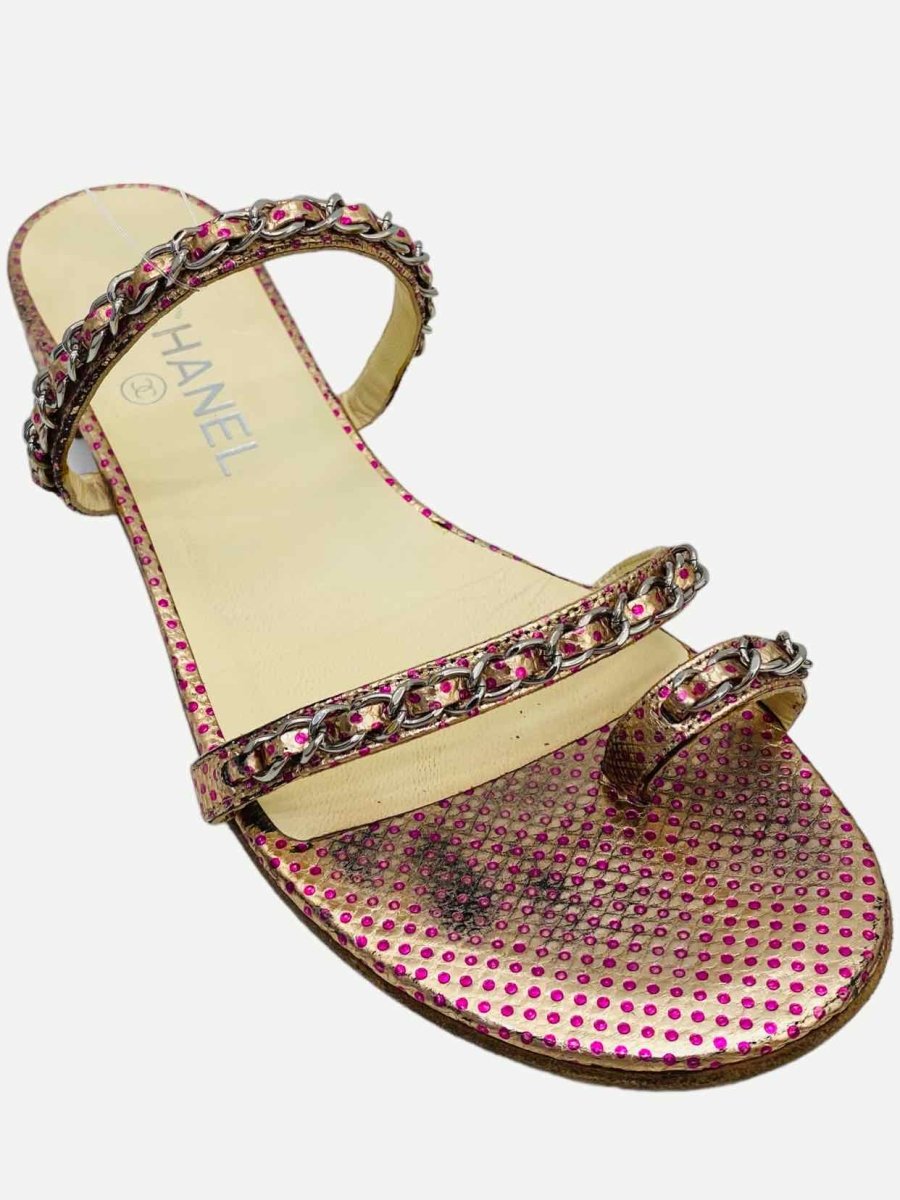 Pre - loved CHANEL Metallic Pink Chain Detail Sandals at Reems Closet