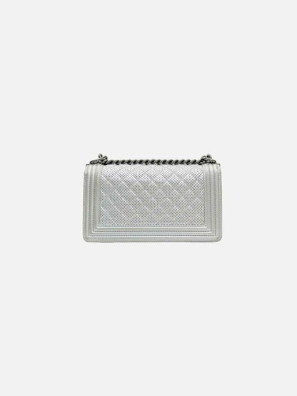 Pre-loved CHANEL New Boy Flap Silver Perforated Shoulder Bag from Reems Closet