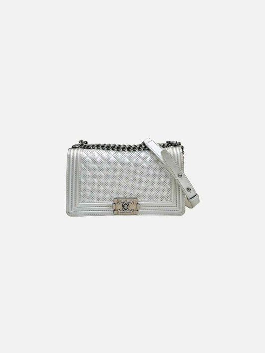 Pre-loved CHANEL New Boy Flap Silver Perforated Shoulder Bag from Reems Closet