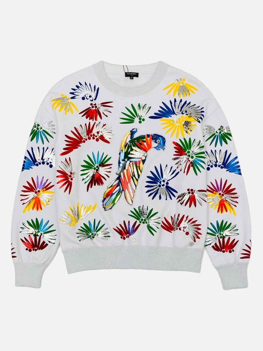 Pre-loved CHANEL White Multicolor Parrot Print Sweatshirt from Reems Closet