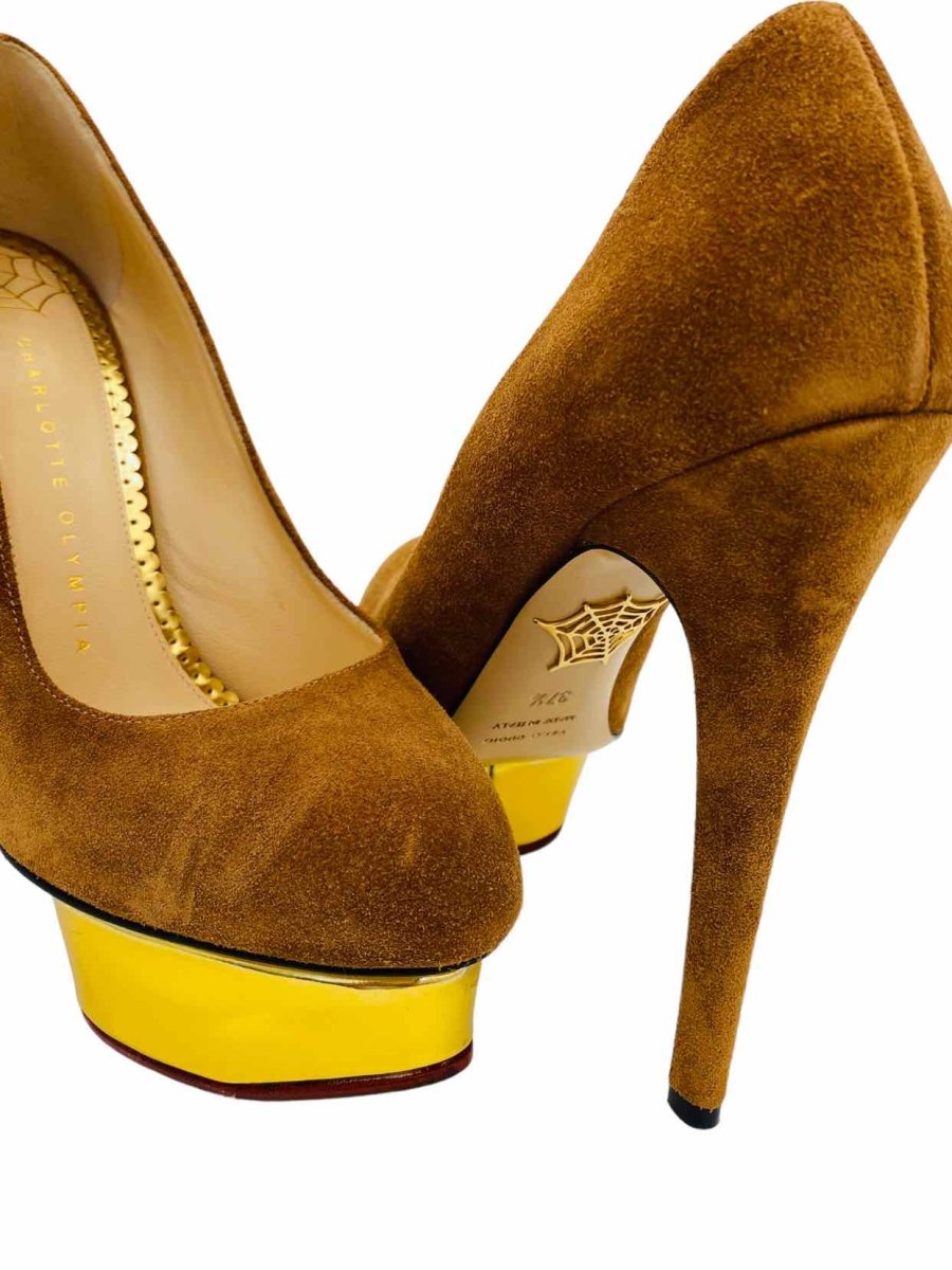 Pre - loved CHARLOTTE OLYMPIA Brown & Gold Pumps at Reems Closet