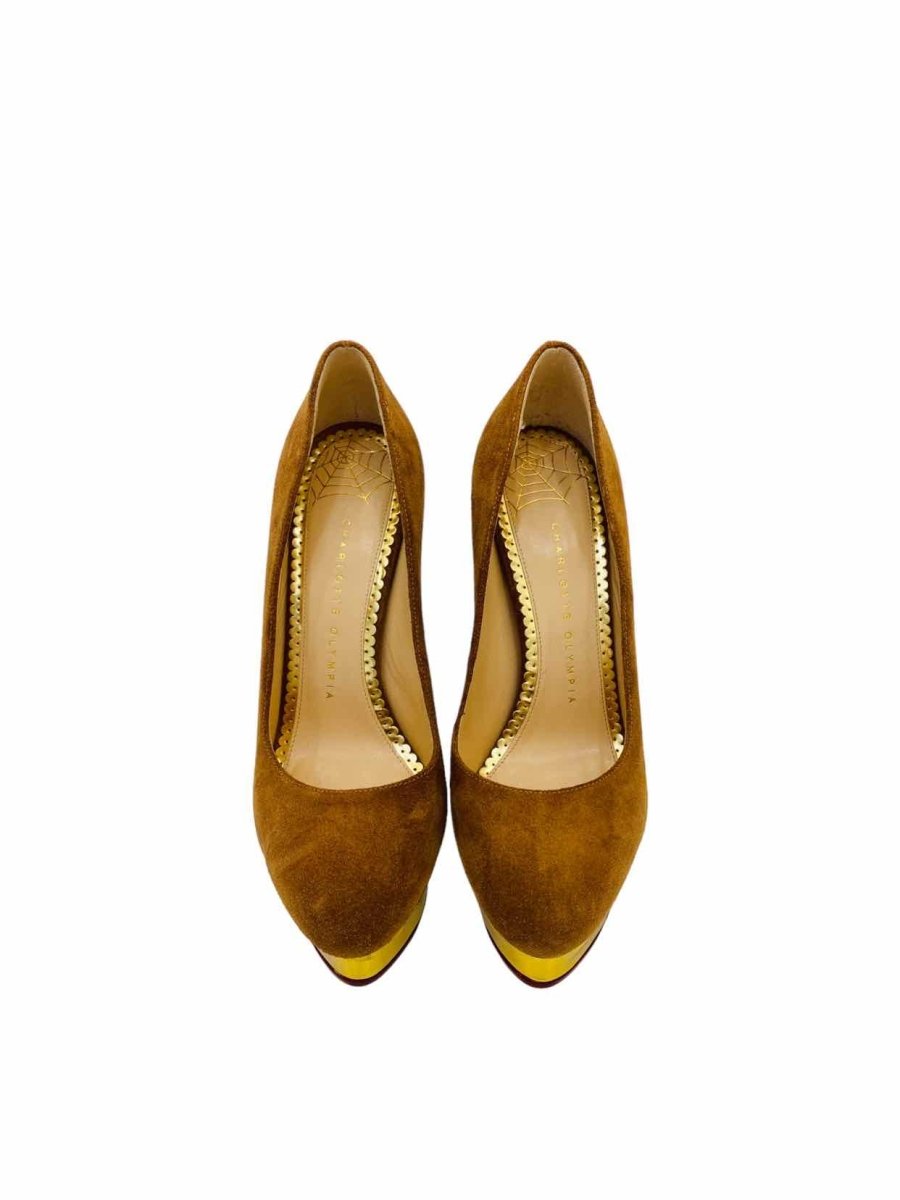 Pre - loved CHARLOTTE OLYMPIA Brown & Gold Pumps at Reems Closet