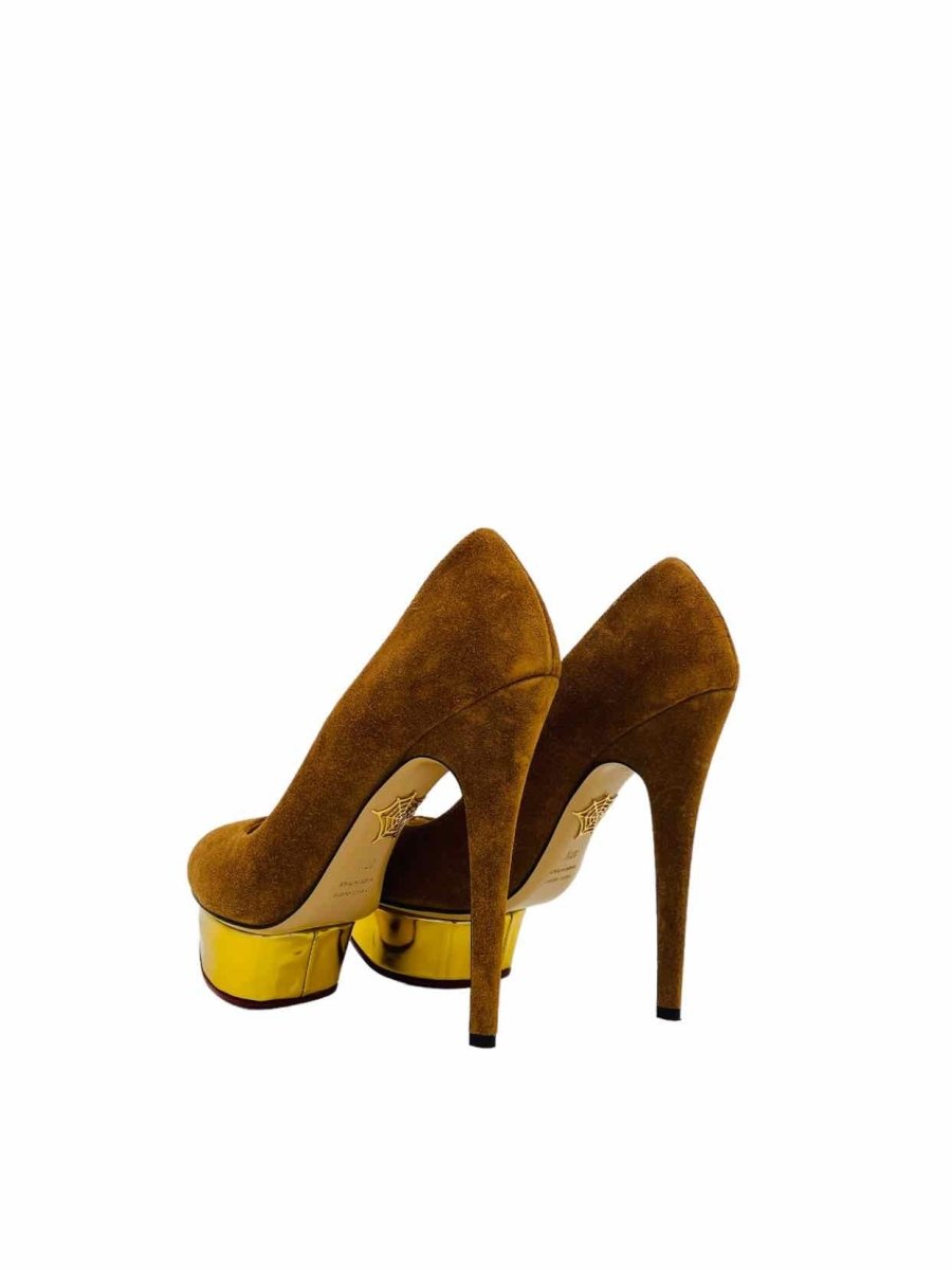 Pre - loved CHARLOTTE OLYMPIA Brown & Gold Pumps at Reems Closet