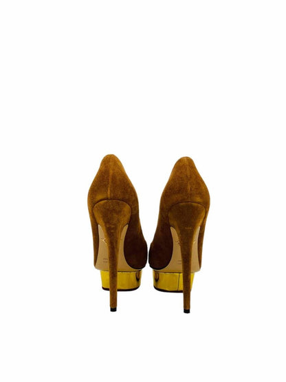 Pre - loved CHARLOTTE OLYMPIA Brown & Gold Pumps at Reems Closet