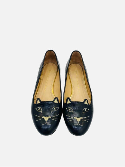 Pre-loved CHARLOTTE OLYMPIA Kitty Black Croc Embossed Flats from Reems Closet