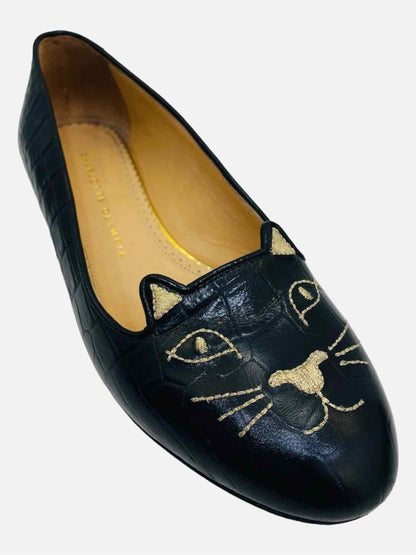 Pre-loved CHARLOTTE OLYMPIA Kitty Black Croc Embossed Flats from Reems Closet