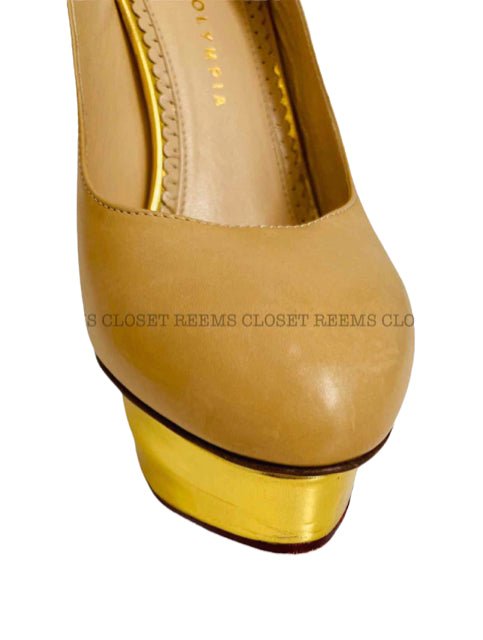 Pre - loved CHARLOTTE OLYMPIA Dolly Beige & Gold Slingbacks at Reems Closet