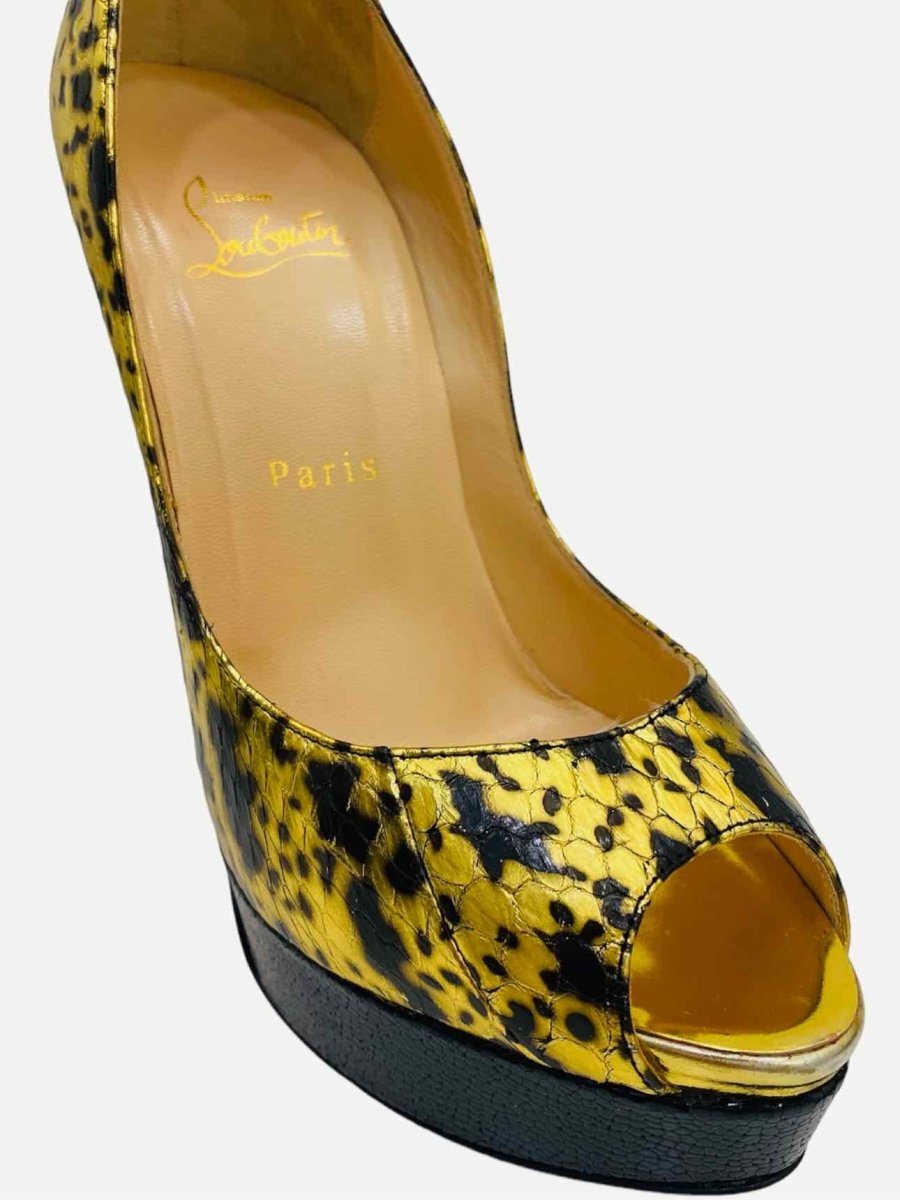 Pre - loved CHRISTIAN LOUBOUTIN Peep Toe Gold & Black Pumps at Reems Closet