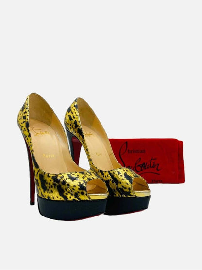 Pre - loved CHRISTIAN LOUBOUTIN Peep Toe Gold & Black Pumps at Reems Closet