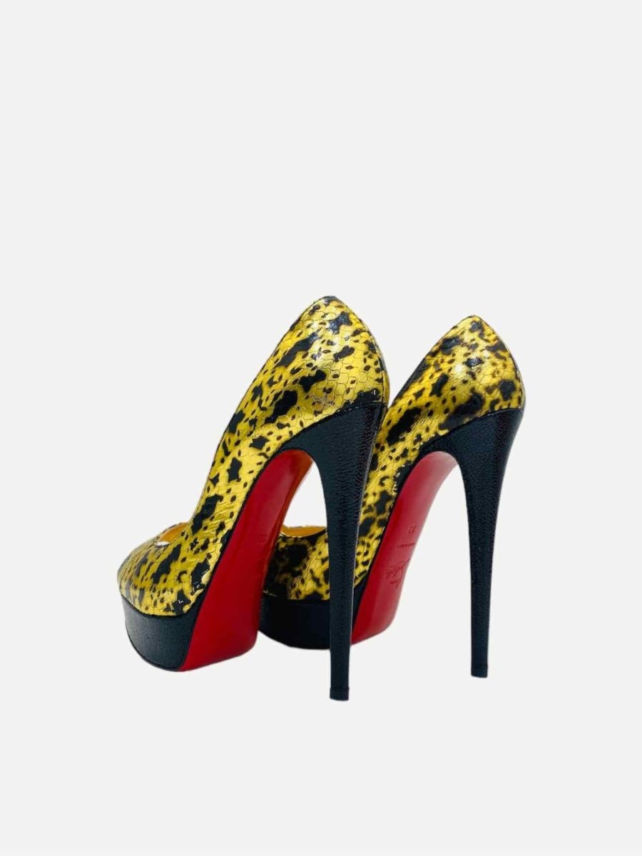 Pre - loved CHRISTIAN LOUBOUTIN Peep Toe Gold & Black Pumps at Reems Closet