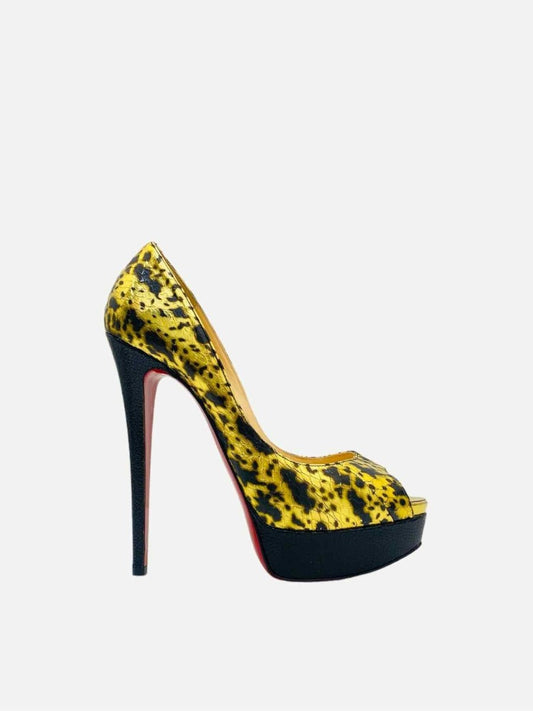 Pre-loved CHRISTIAN LOUBOUTIN Peep Toe Gold & Black Pumps from Reems Closet