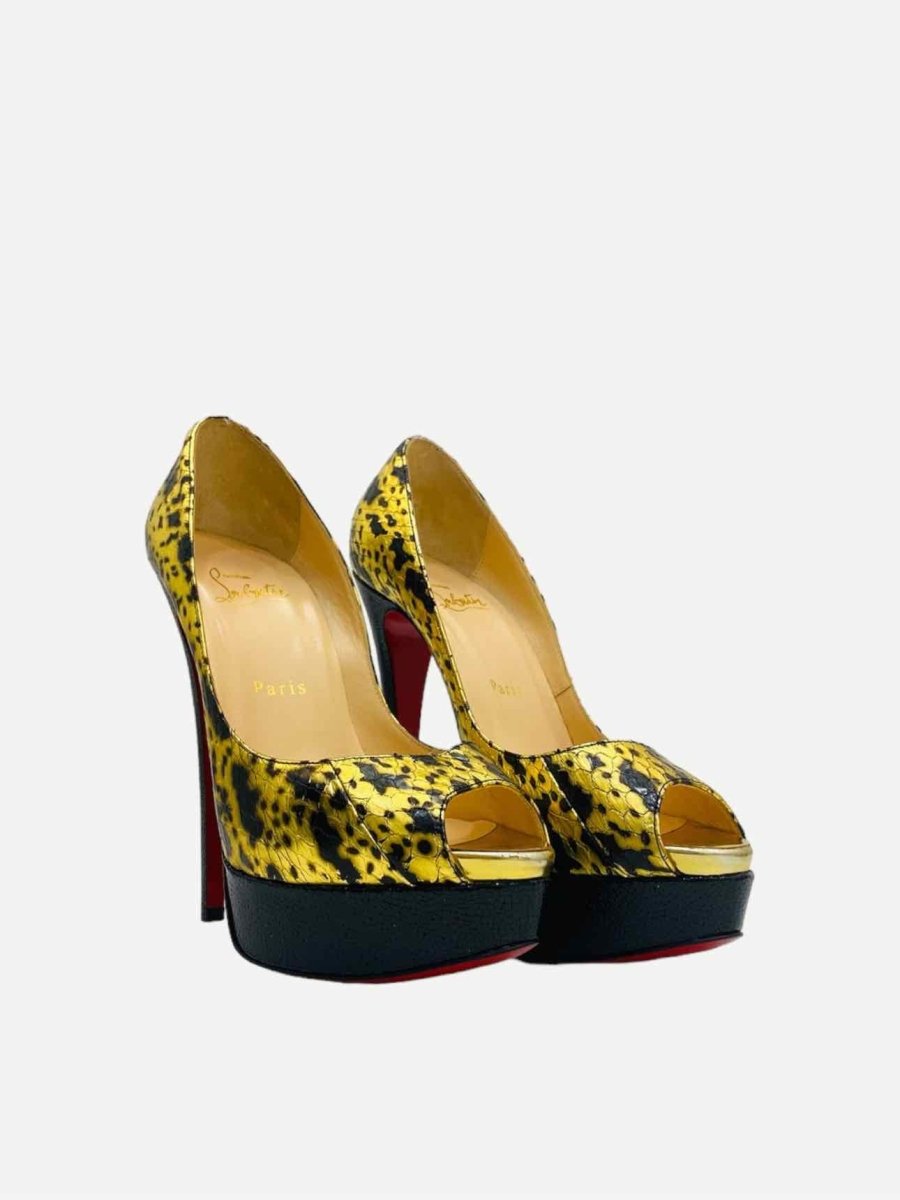 Pre - loved CHRISTIAN LOUBOUTIN Peep Toe Gold & Black Pumps at Reems Closet