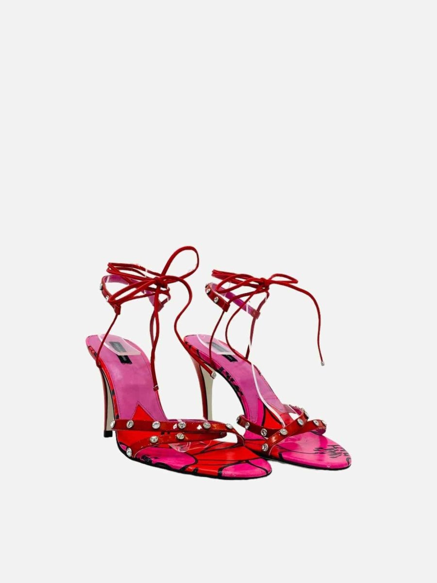 Pre-loved DOLCE & GABBANA Lace Up Red & Pink Heeled Sandals - Reems Closet