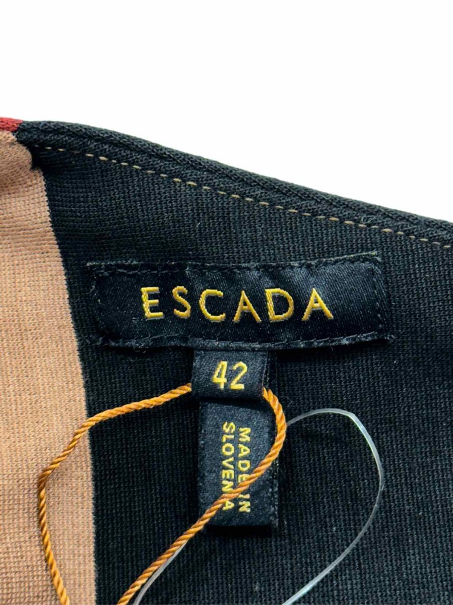 Pre-loved ESCADA Brown & Burgundy Frilled Trim Knee Length Dress - Reems Closet