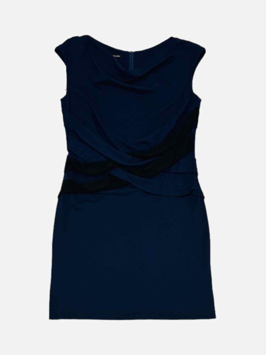 Pre-loved ESCADA Midnight Blue & Black Ruched Knee Length Dress from Reems Closet
