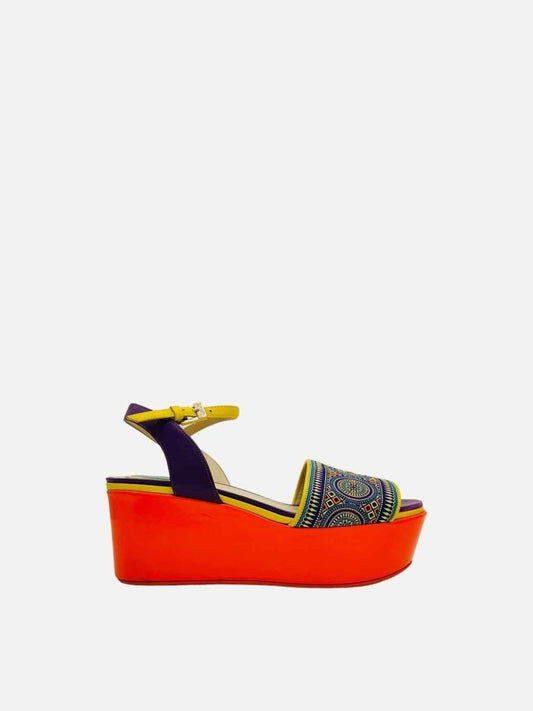Pre-loved ETRO Ankle Strap Orange Multicolor Embroidered Wedges from Reems Closet