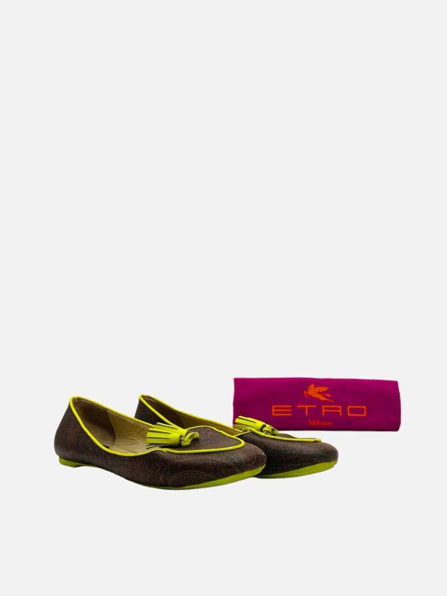Pre-loved ETRO Ballet Brown & Yellow Paisley Print Flats - Reems Closet