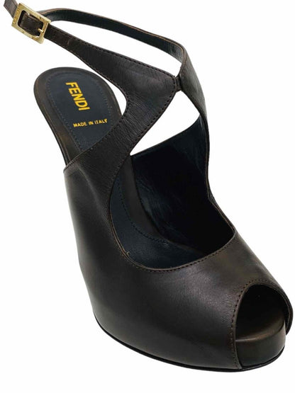 Pre-loved FENDI Peep Toe Dark Brown Slingback Heeled Sandals - Reems Closet