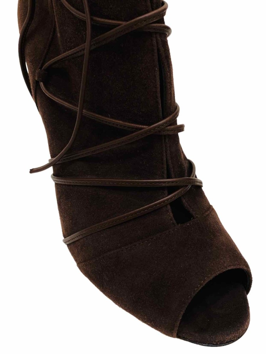 Pre - loved GIANVITO ROSSI Peep Toe Brown Lace Up Ankle Boots at Reems Closet