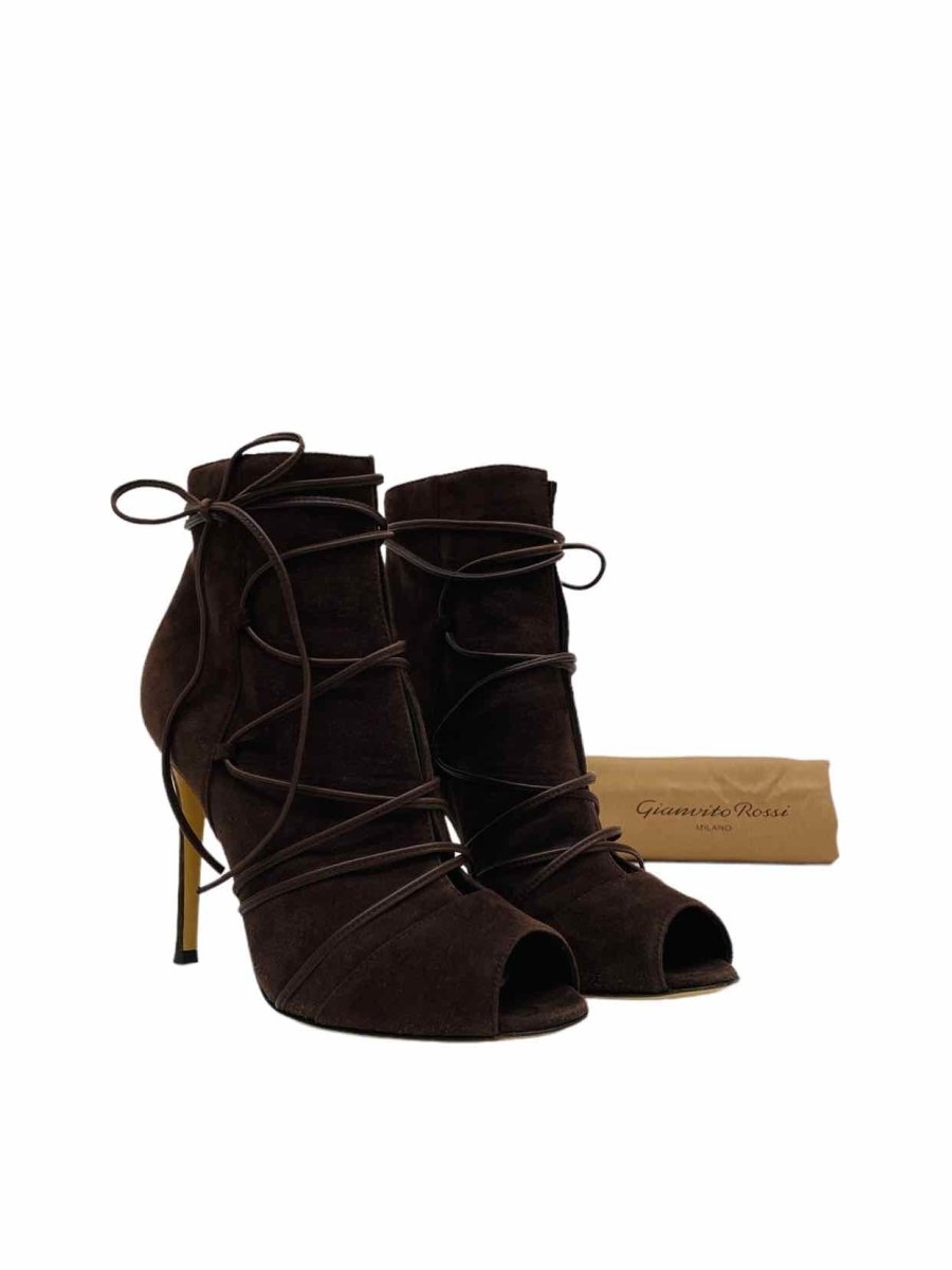 Pre - loved GIANVITO ROSSI Peep Toe Brown Lace Up Ankle Boots at Reems Closet