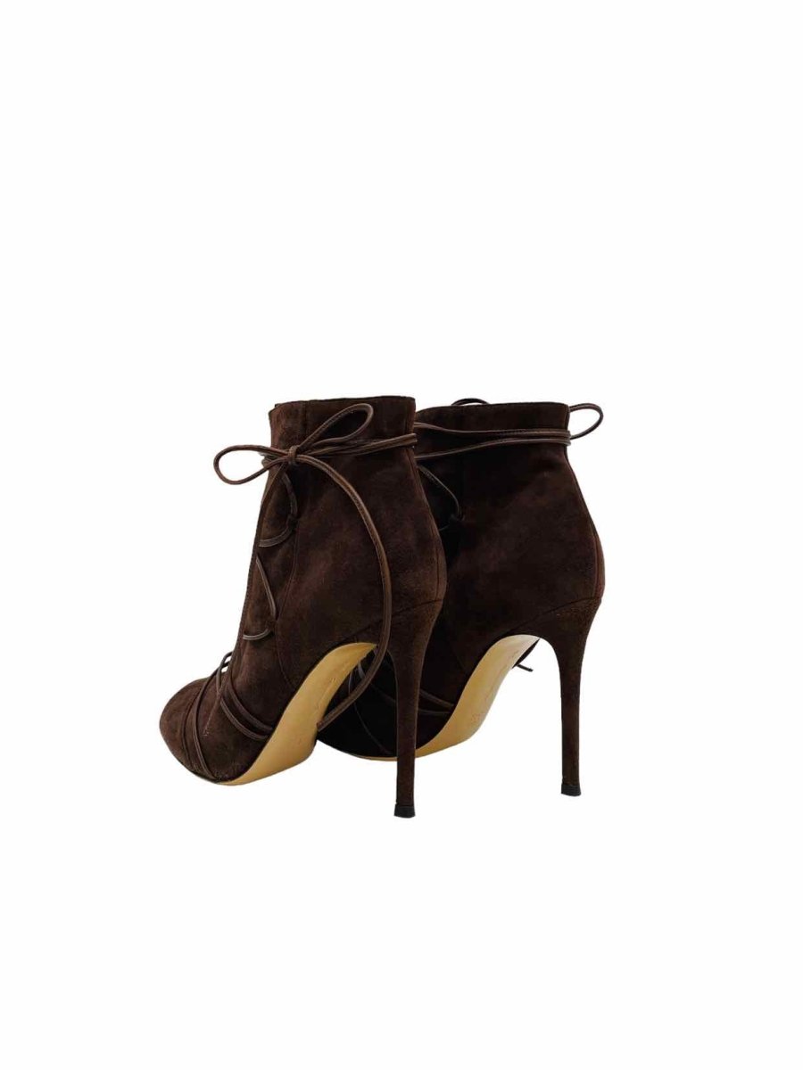 Pre - loved GIANVITO ROSSI Peep Toe Brown Lace Up Ankle Boots at Reems Closet