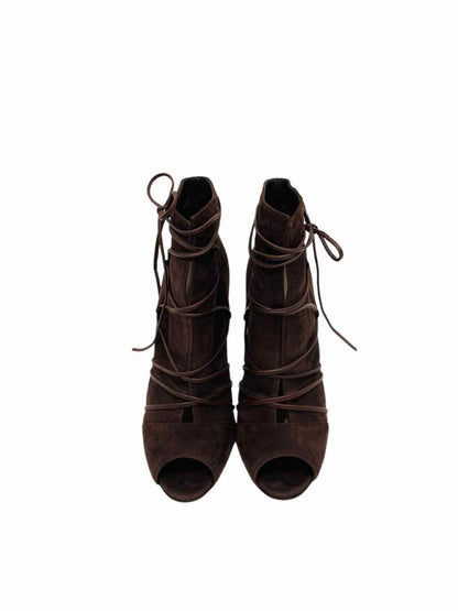 Pre - loved GIANVITO ROSSI Peep Toe Brown Lace Up Ankle Boots at Reems Closet