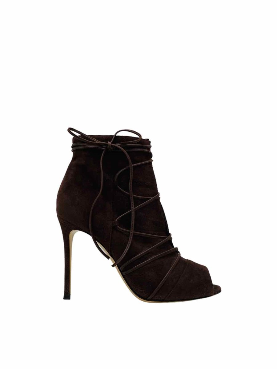 Pre - loved GIANVITO ROSSI Peep Toe Brown Lace Up Ankle Boots at Reems Closet