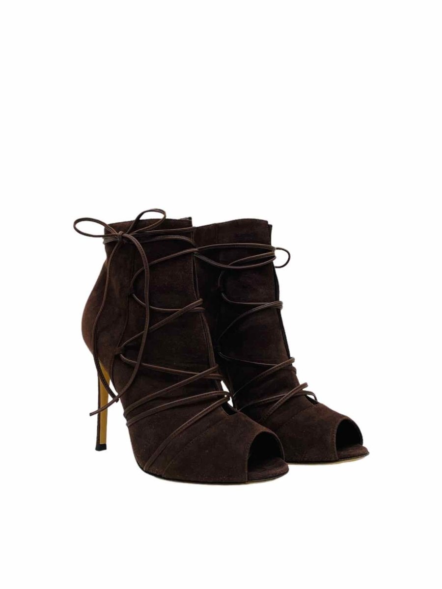 Pre - loved GIANVITO ROSSI Peep Toe Brown Lace Up Ankle Boots at Reems Closet