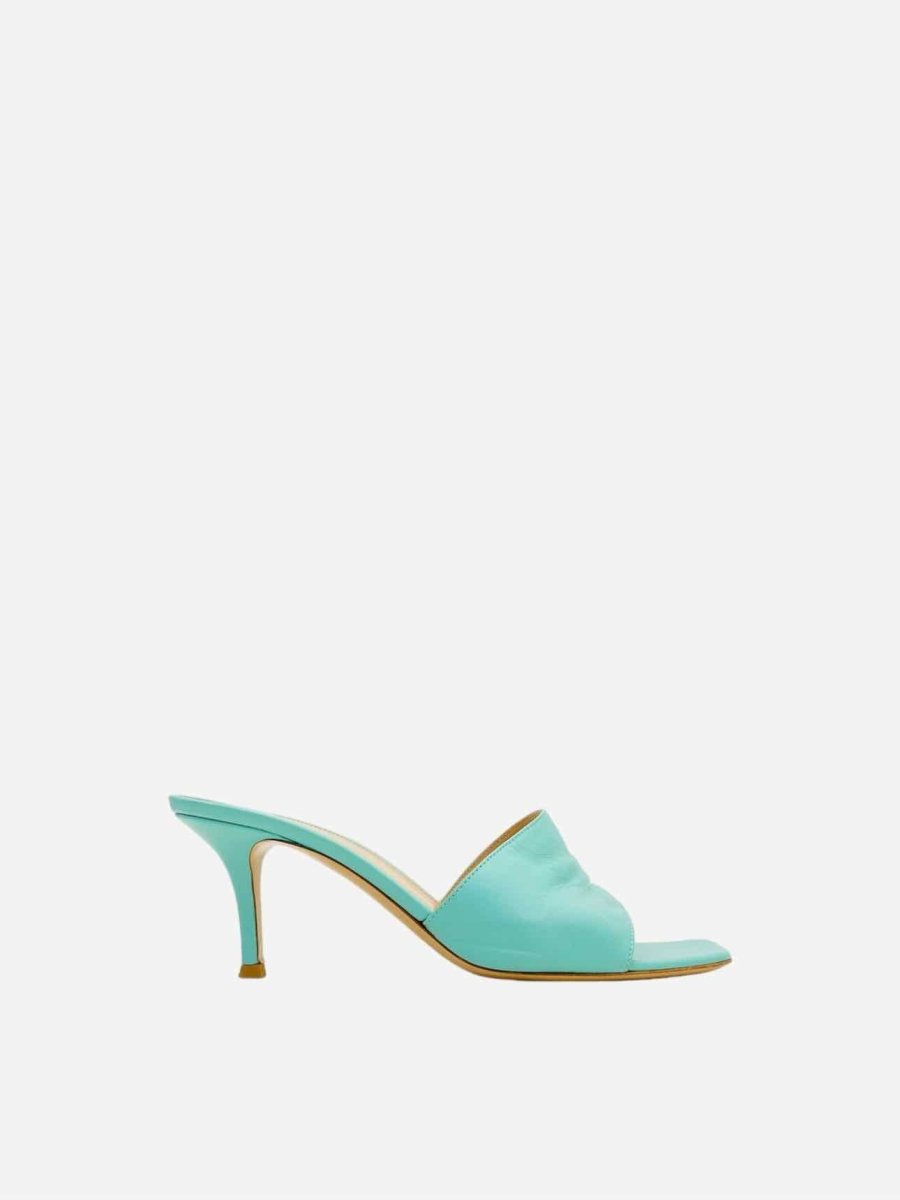 Pre - loved GIANVITO ROSSI Square Toe Turquoise Mules at Reems Closet