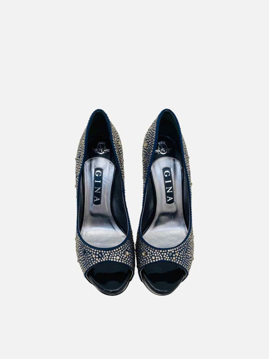 Pre-loved GINA Open Toe Navy Blue & Bronze Pumps from Reems Closet
