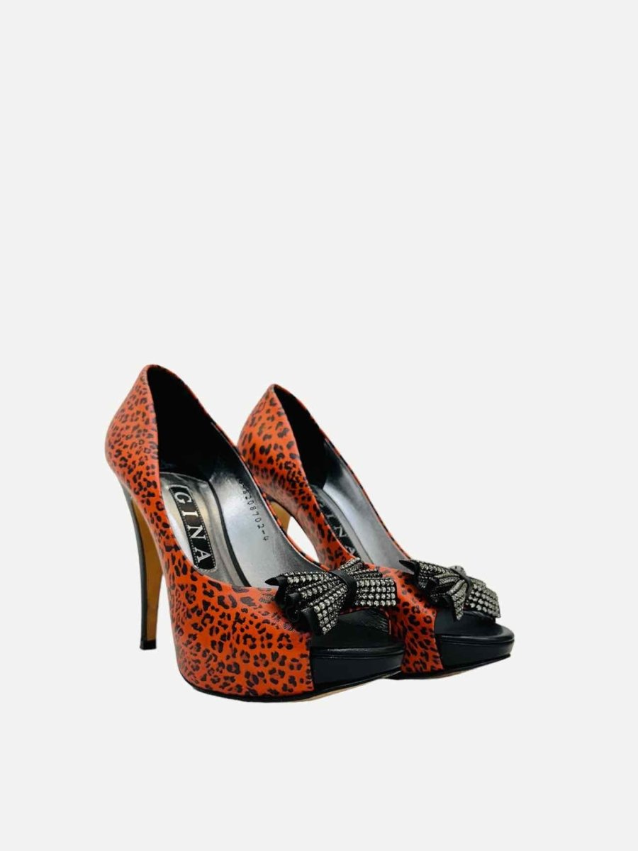 Pre - loved GINA Open Toe Red & Black Leopard Pumps at Reems Closet