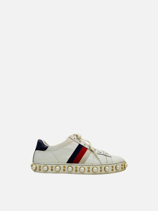 Pre-loved GUCCI Ace White Faux Pearl Embellished Sneakers from Reems Closet