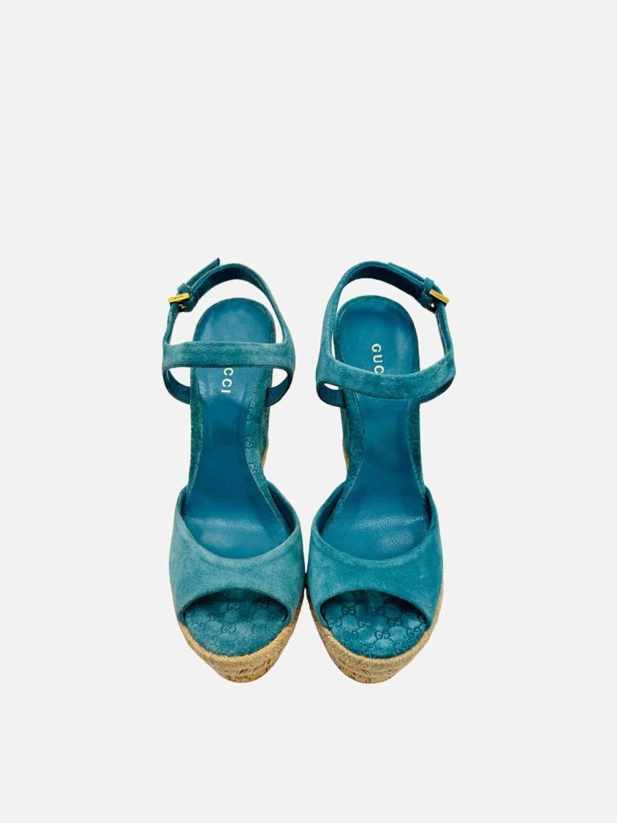 Pre-loved GUCCI Ankle Strap Blue GG Wedges from Reems Closet