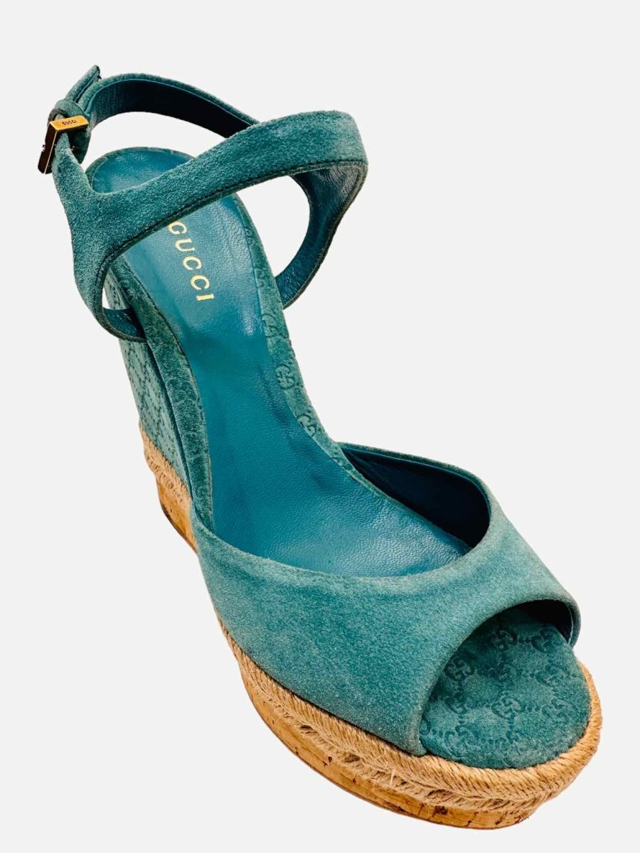 Pre-loved GUCCI Ankle Strap Blue GG Wedges from Reems Closet