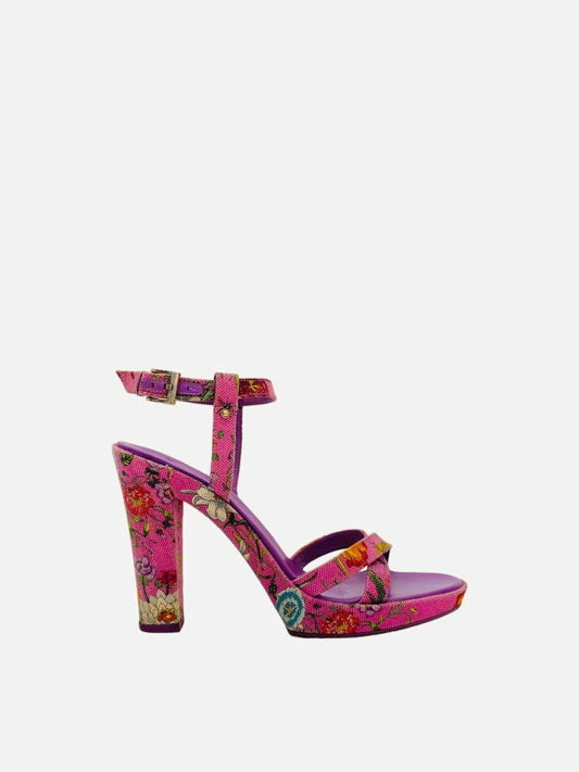 Pre-loved GUCCI Ankle Strap Pink Floral Heeled Sandals - Reems Closet