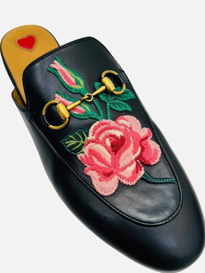 Pre-loved GUCCI Horsebit Black Multicolor Rose Embroidered Mules from Reems Closet