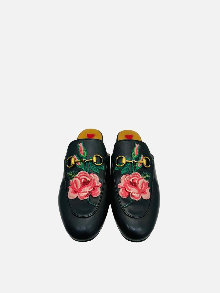 Pre-loved GUCCI Horsebit Black Multicolor Rose Embroidered Mules from Reems Closet