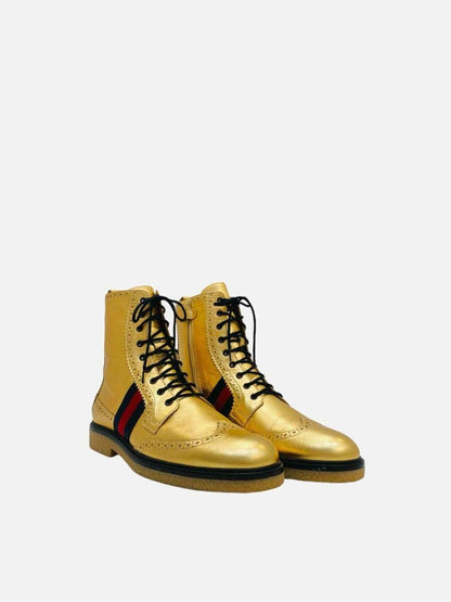 Pre-loved GUCCI Metallic Gold Web Strap Ankle Boots from Reems Closet
