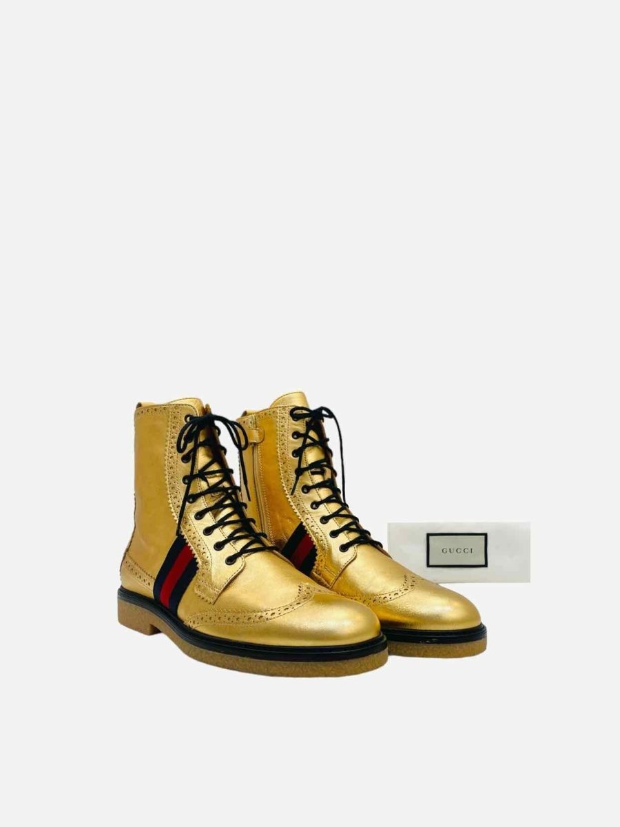 Pre-loved GUCCI Metallic Gold Web Strap Ankle Boots from Reems Closet