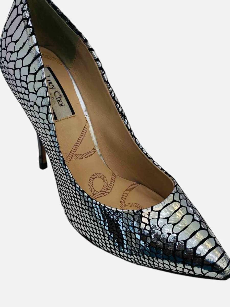 Pre - loved LUCY CHOI Metallic Silver Snake Print Pumps at Reems Closet