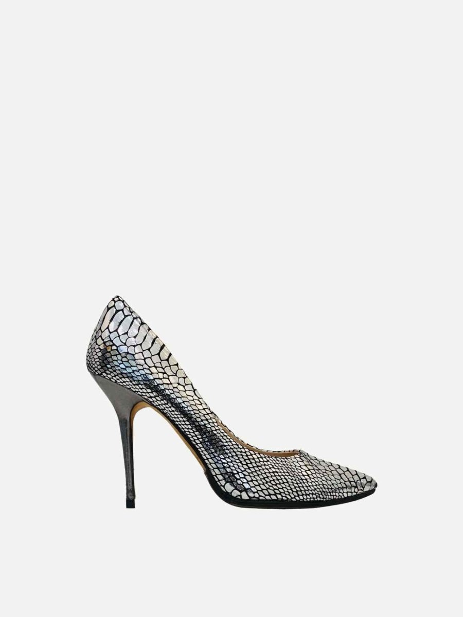 Pre - loved LUCY CHOI Metallic Silver Snake Print Pumps at Reems Closet