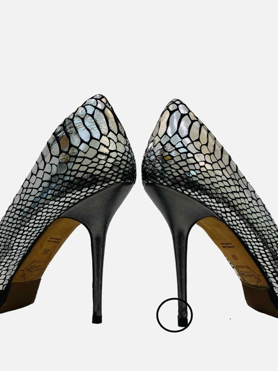 Pre - loved LUCY CHOI Metallic Silver Snake Print Pumps at Reems Closet