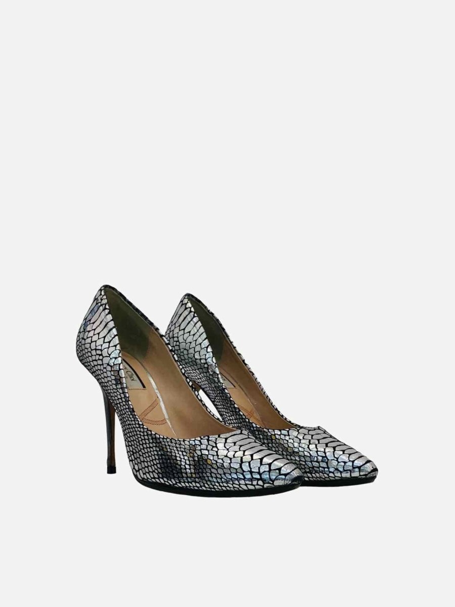 Pre - loved LUCY CHOI Metallic Silver Snake Print Pumps at Reems Closet